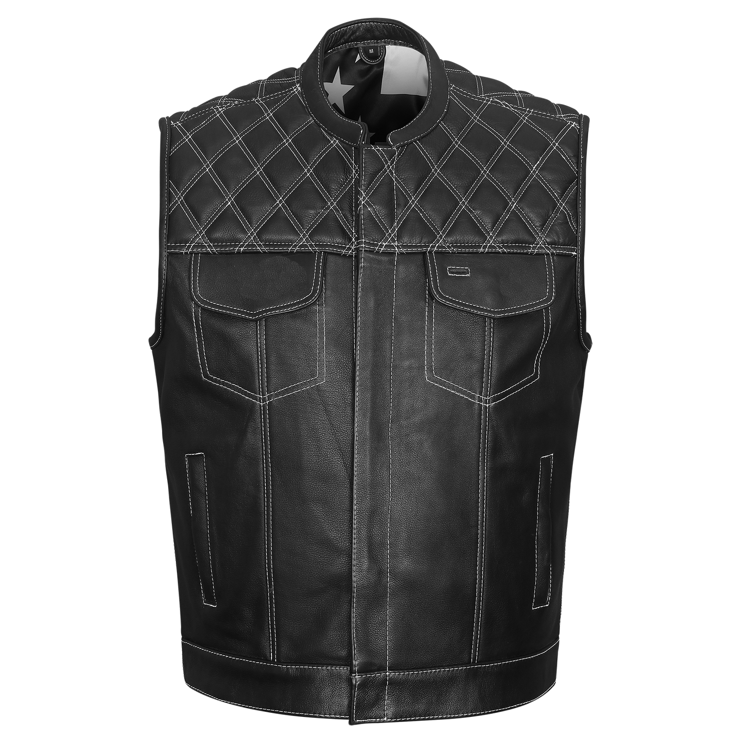 High Mileage HMM924BW Men's Zipper and Snap Closure Leather Club Vest with American Flag Liner White Stitching