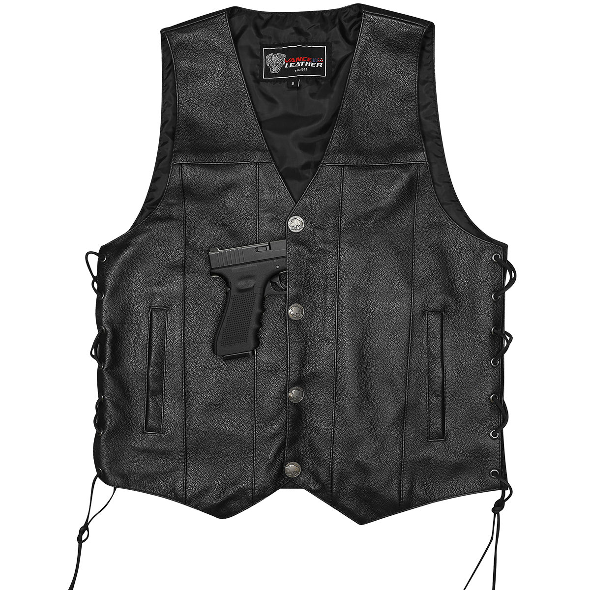 VL907 Vance Leather Premium Cowhide Vest with Buffalo Nickel Snaps and Gun Pocket