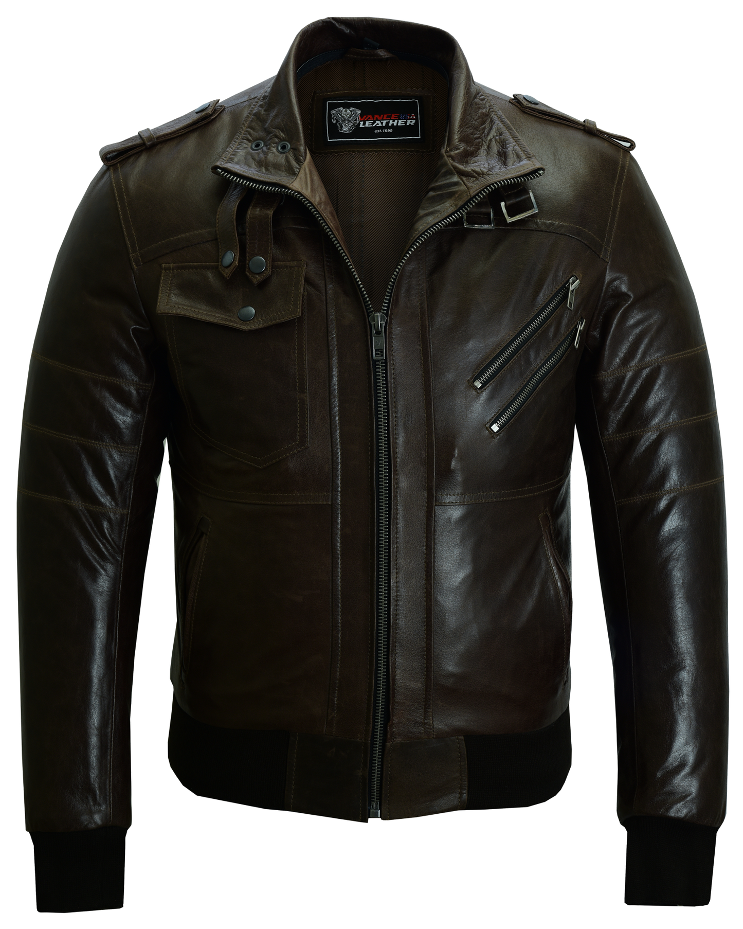 VL551CBr Vance Leathers' Mens Vincent Brown Waxed Premium Cowhide Motorcycle Leather Jacket With Removeable Hoodie