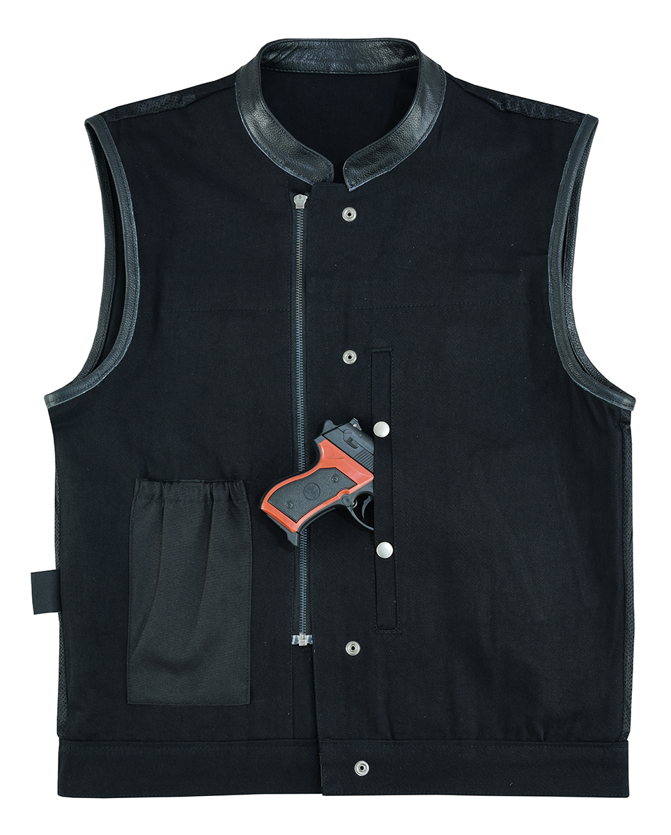 VB914L Denim Black Club Vest with Leather trims