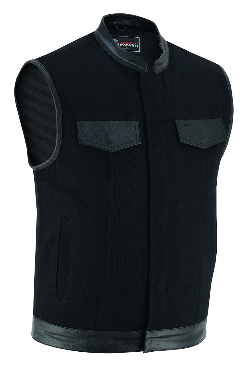 VB914L Denim Black Club Vest with Leather trims