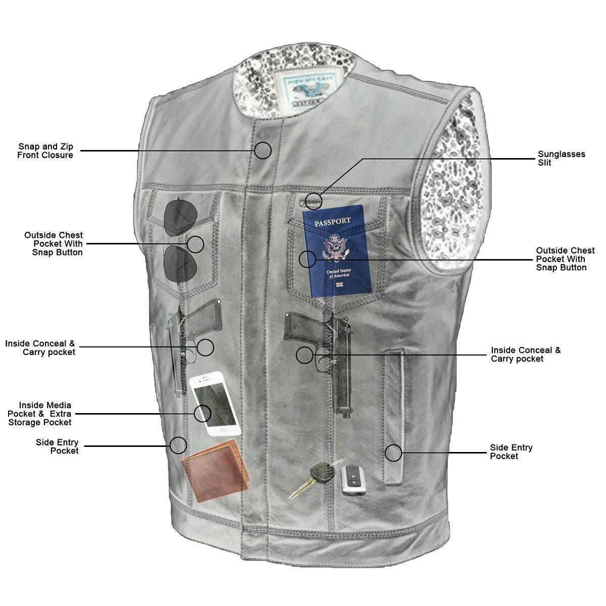 VL919GS Men's Zipper and Snap Closure Leather Club Vest Quick Access Gun Pocket w/ Grey Stitching