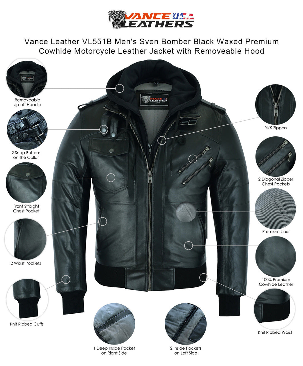 VL551B Vance Leathers' Men's Sven Bomber Black Waxed Premium Cowhide Motorcycle Leather Jacket with Removeable Hood