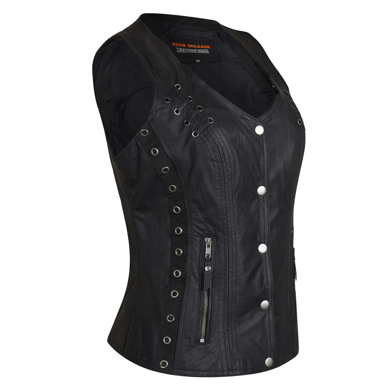 HML1038B Ladies Lightweight Naked Goatskin Leather Vest with Grommets, Twill and Lace Highlights