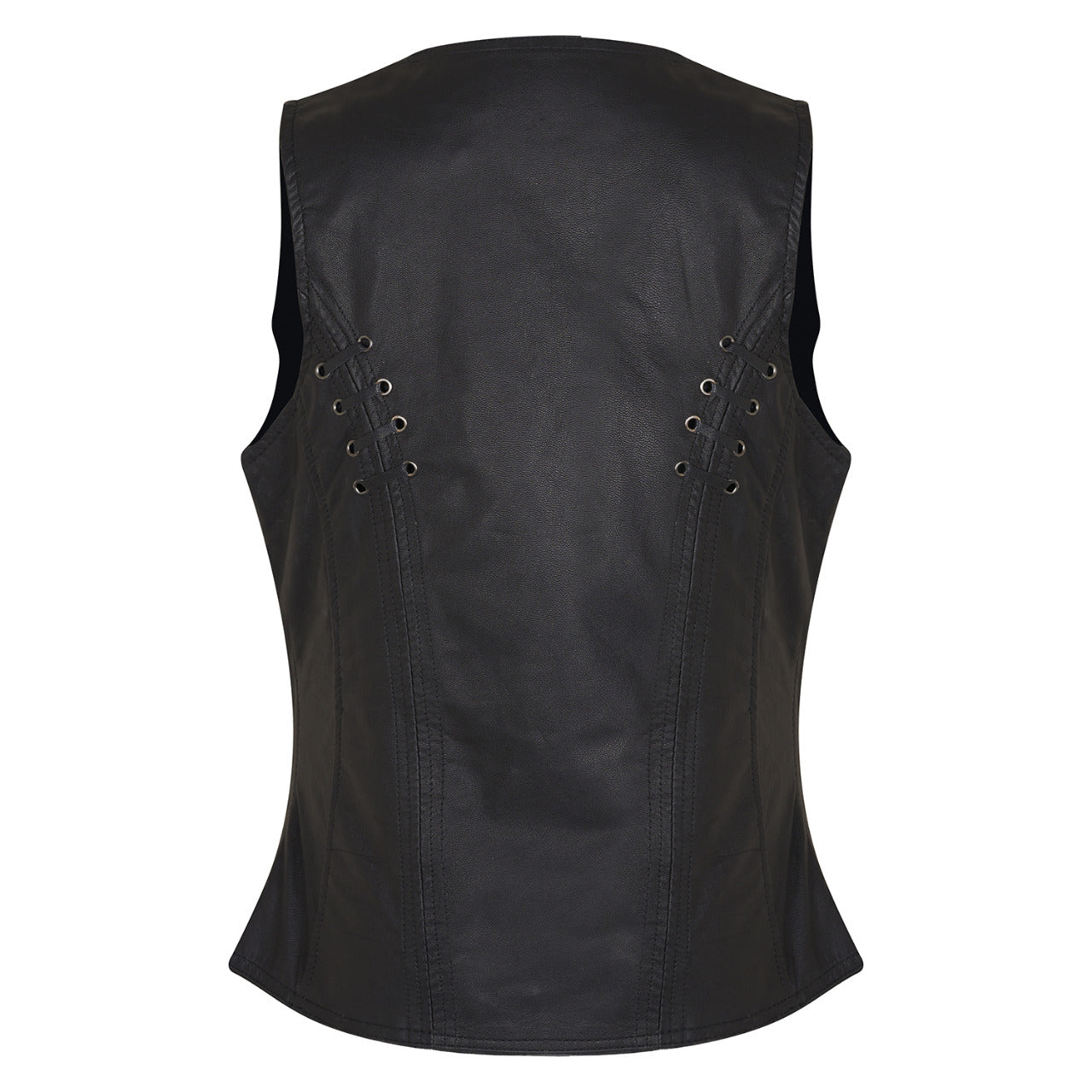 HML1038B Ladies Lightweight Naked Goatskin Leather Vest with Grommets, Twill and Lace Highlights