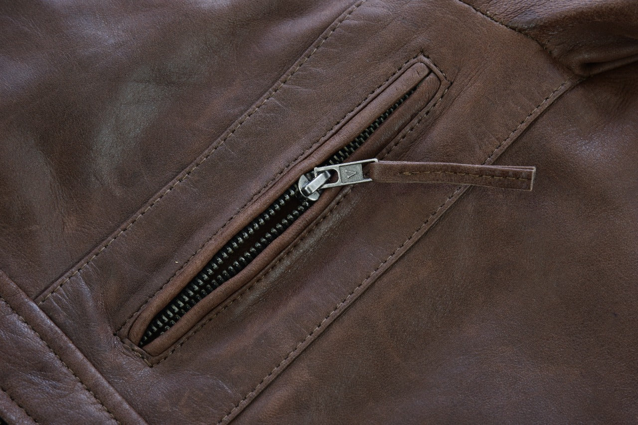 VL550CBr Vance Leathers' Men's Cafe Racer Waxed Lambskin Chocolate Brown Motorcycle Leather Jacket