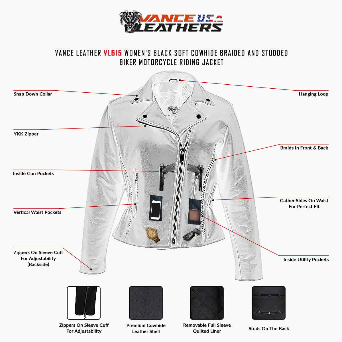 VL615 Vance Leather Ladies Premium Cowhide Braid and Stud Motorcycle Leather Jacket infographic