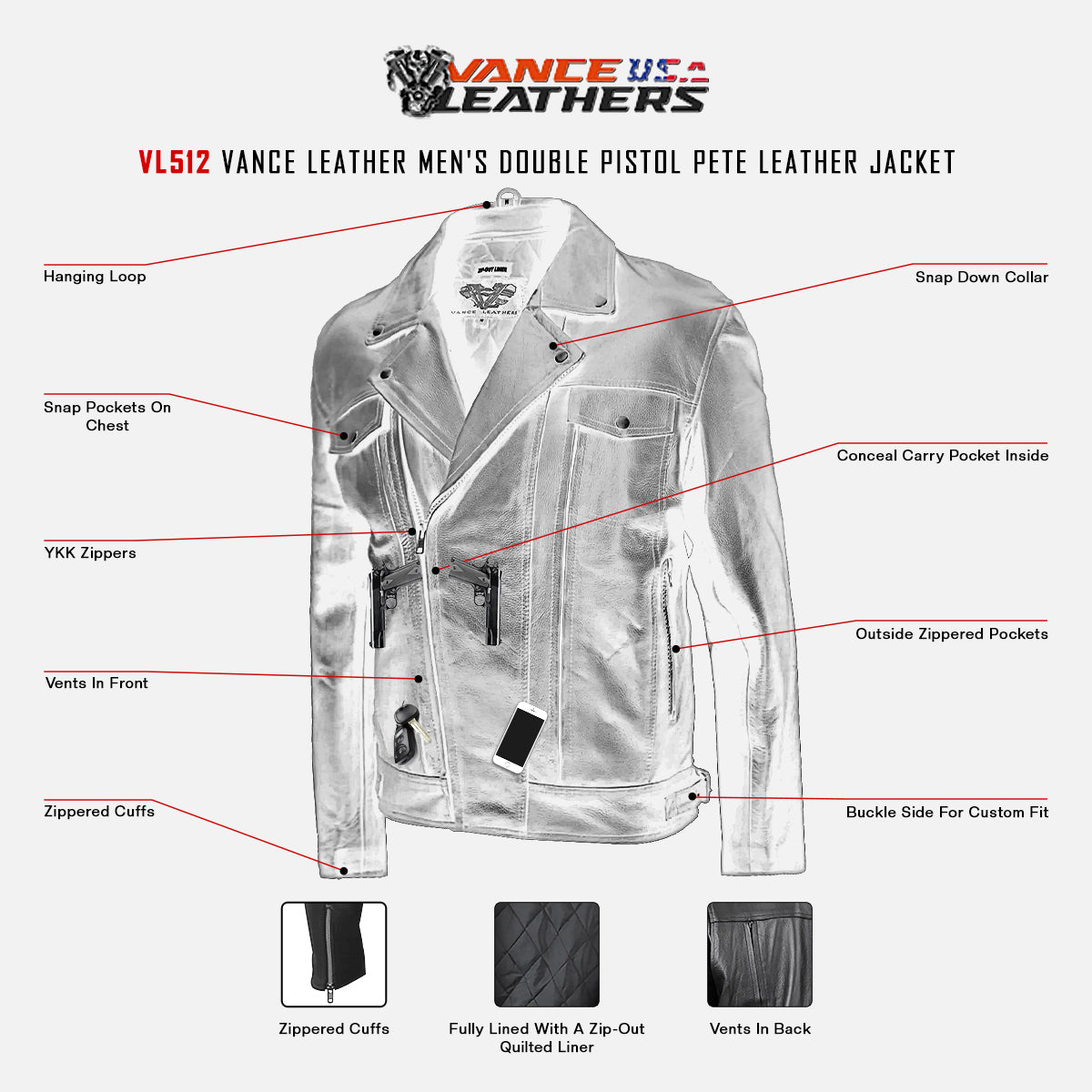 VL512 Vance Leather Men's Double Pistol Pete Leather Jacket infographic
