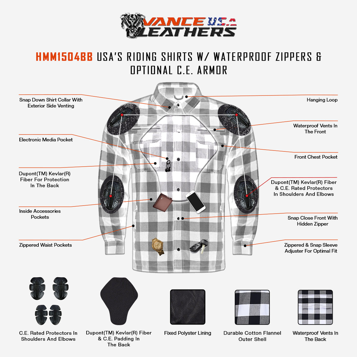 Vance Leathers USA’s Riding Shirts with Waterproof Zippers & Optional C.E. Armor infographic