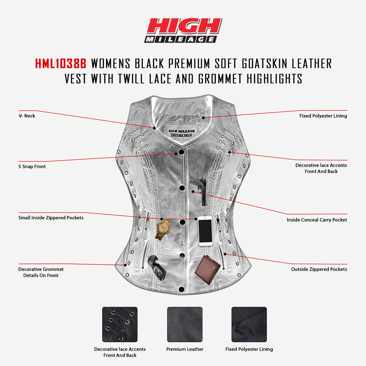HML1038B Ladies Lightweight Naked Goatskin Leather Vest with Grommets, Twill and Lace Highlights infographic