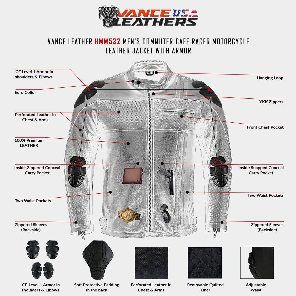 HMM532 Vance Leathers' Men's Commuter Cafe Racer Motorcycle Leather Jacket with Armor infographic