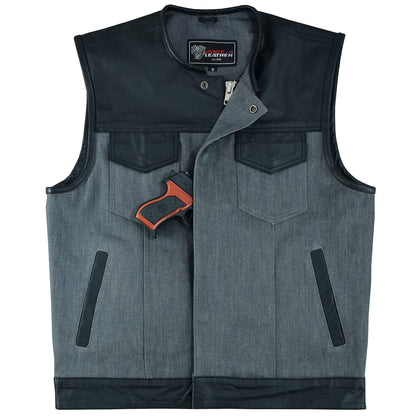 VB910G Vance Leathers Men's Grey Denim & Leather Motorcycle Vest with CCW Pockets