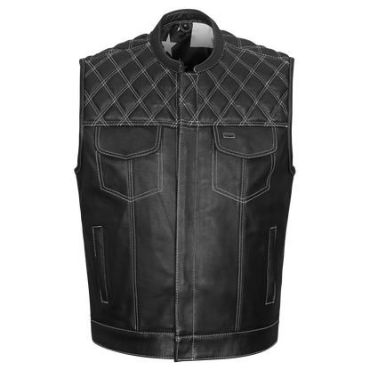 High Mileage HMM924BW Men's Zipper and Snap Closure Leather Club Vest with American Flag Liner White Stitching
