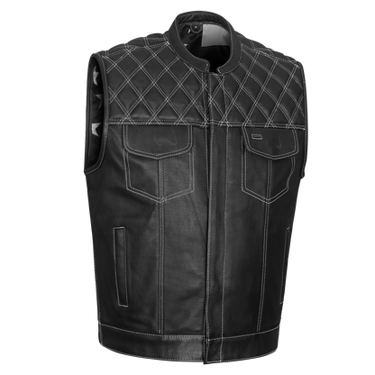 High Mileage HMM924BW Men's Zipper and Snap Closure Leather Club Vest with American Flag Liner White Stitching