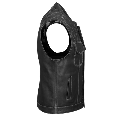 High Mileage HMM924BW Men's Zipper and Snap Closure Leather Club Vest with American Flag Liner White Stitching