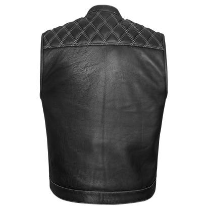 High Mileage HMM924BW Men's Zipper and Snap Closure Leather Club Vest with American Flag Liner White Stitching