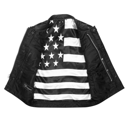 High Mileage HMM924BW Men's Zipper and Snap Closure Leather Club Vest with American Flag Liner White Stitching