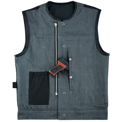VB910G Vance Leathers Men's Grey Denim & Leather Motorcycle Vest with CCW Pockets
