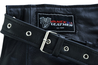 VL811S Vance Leather Men and Women Black Four Pocket Biker Leather Motorcycle Chaps
