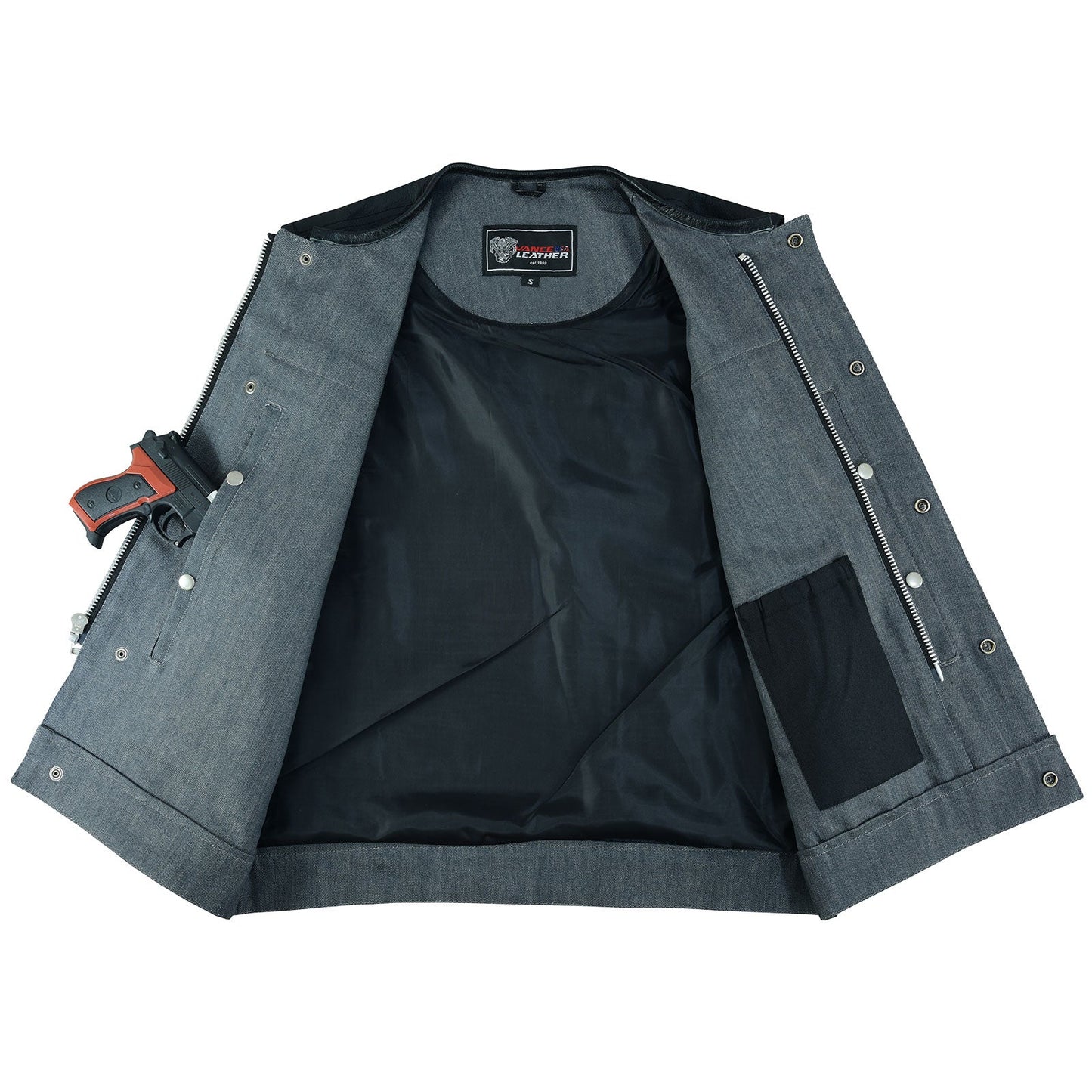 VB910G Vance Leathers Men's Grey Denim & Leather Motorcycle Vest with CCW Pockets