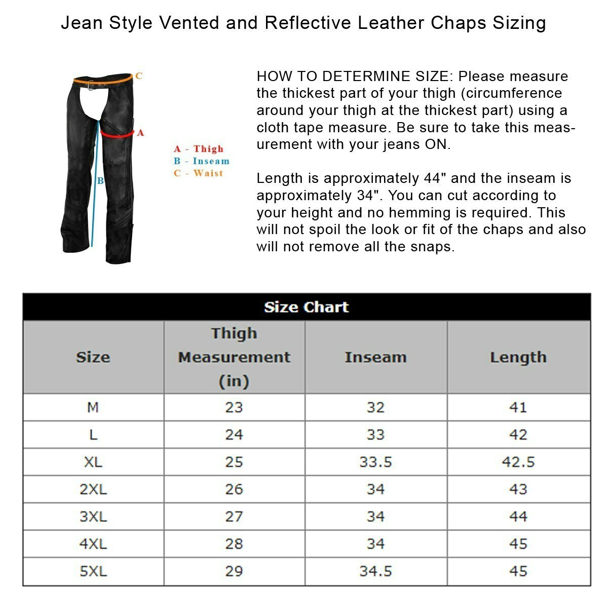 Vance Leather VL803S Unisex Black Reflective and Vented Premium Cowhide Leather Biker Motorcycle Riding Chaps