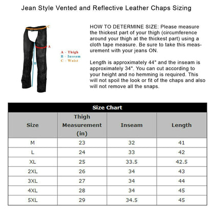 Vance Leather VL803S Unisex Black Reflective and Vented Premium Cowhide Leather Biker Motorcycle Riding Chaps