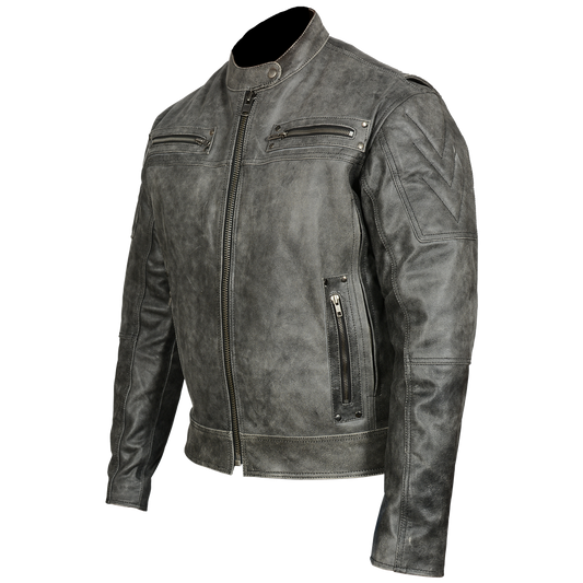 HMM542DG Men's Distressed Gray Padded & Vented Leather Scooter Jacket
