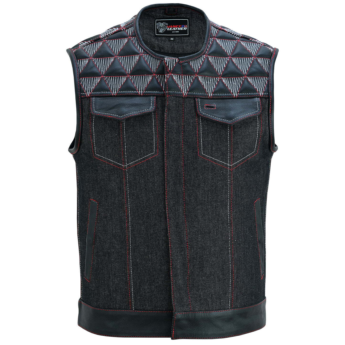 VB927RW Men's Denim & Leather Motorcycle Vest with Conceal Carry Pockets, SOA Biker Club Vest Red & White Stitching