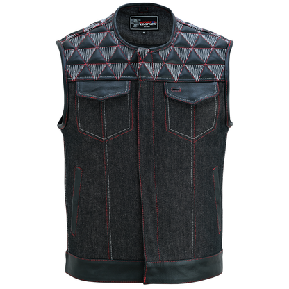 VB927RW Men's Denim & Leather Motorcycle Vest with Conceal Carry Pockets, SOA Biker Club Vest Red & White Stitching