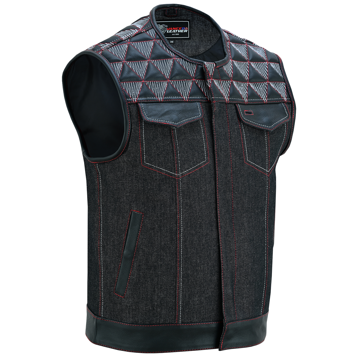 VB927RW Men's Denim & Leather Motorcycle Vest with Conceal Carry Pockets, SOA Biker Club Vest Red & White Stitching