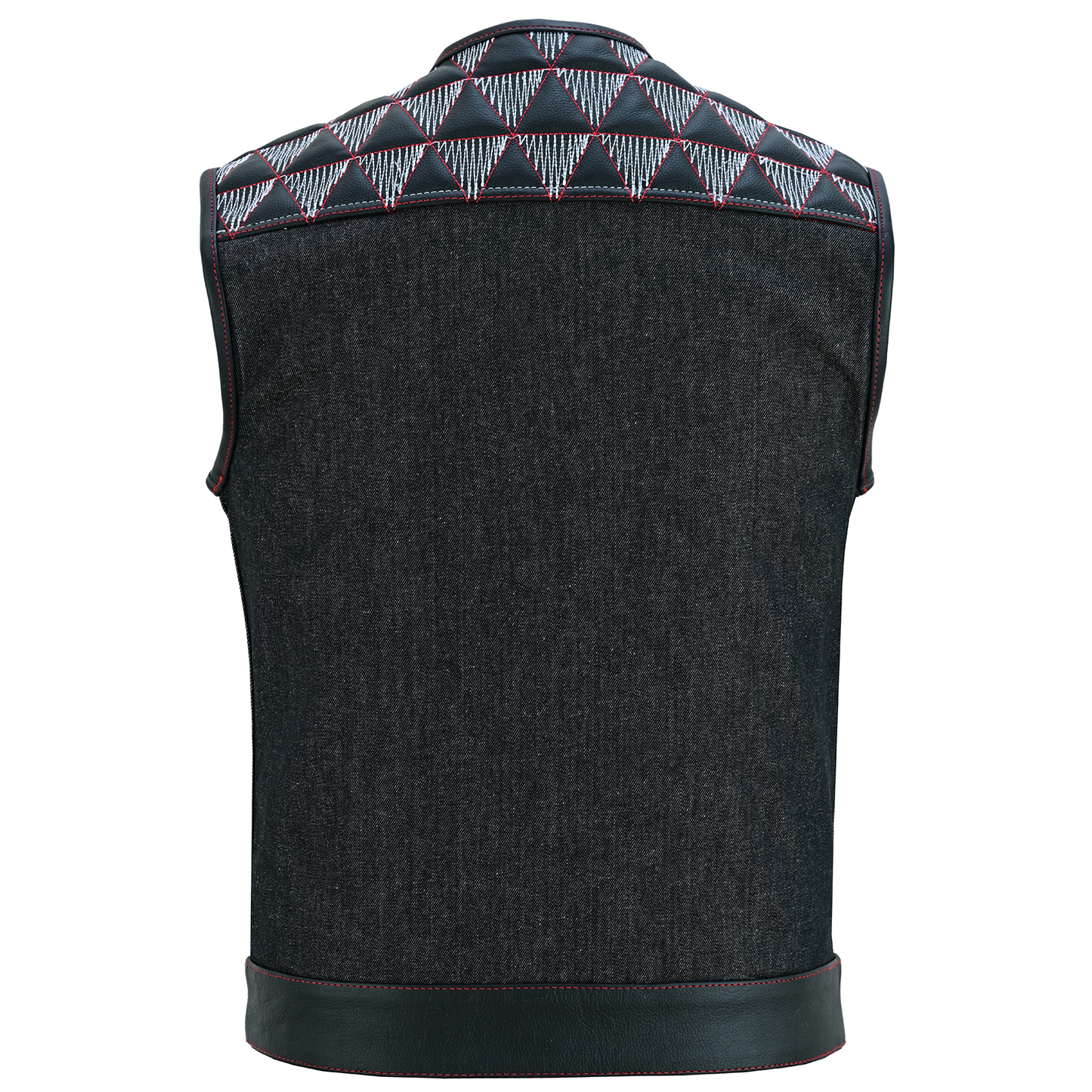 VB927RW Men's Denim & Leather Motorcycle Vest with Conceal Carry Pockets, SOA Biker Club Vest Red & White Stitching
