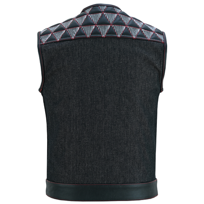 VB927RW Men's Denim & Leather Motorcycle Vest with Conceal Carry Pockets, SOA Biker Club Vest Red & White Stitching