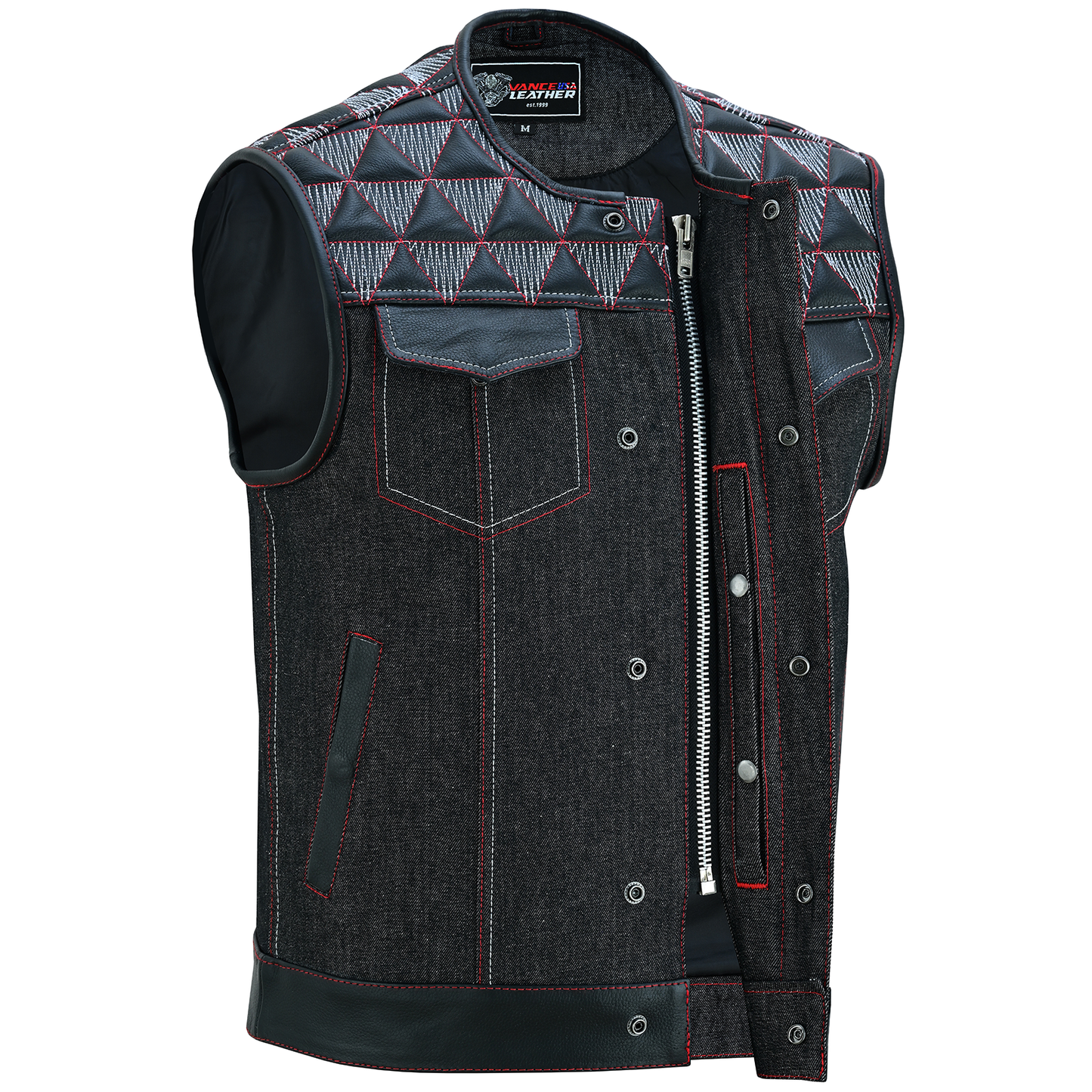 VB927RW Men's Denim & Leather Motorcycle Vest with Conceal Carry Pockets, SOA Biker Club Vest Red & White Stitching
