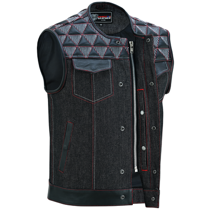 VB927RW Men's Denim & Leather Motorcycle Vest with Conceal Carry Pockets, SOA Biker Club Vest Red & White Stitching