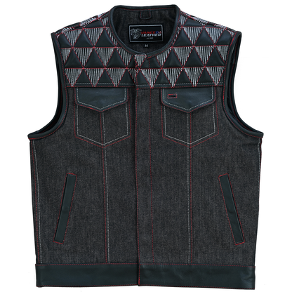 VB927RW Men's Denim & Leather Motorcycle Vest with Conceal Carry Pockets, SOA Biker Club Vest Red & White Stitching
