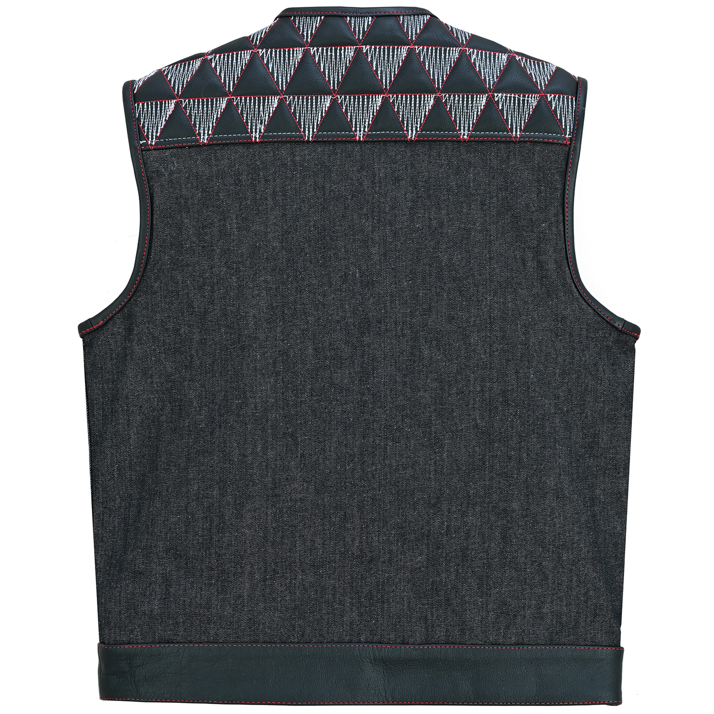 VB927RW Men's Denim & Leather Motorcycle Vest with Conceal Carry Pockets, SOA Biker Club Vest Red & White Stitching