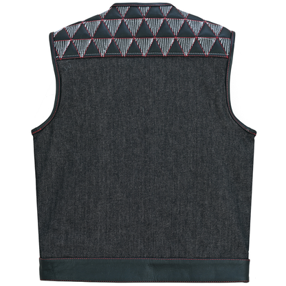 VB927RW Men's Denim & Leather Motorcycle Vest with Conceal Carry Pockets, SOA Biker Club Vest Red & White Stitching