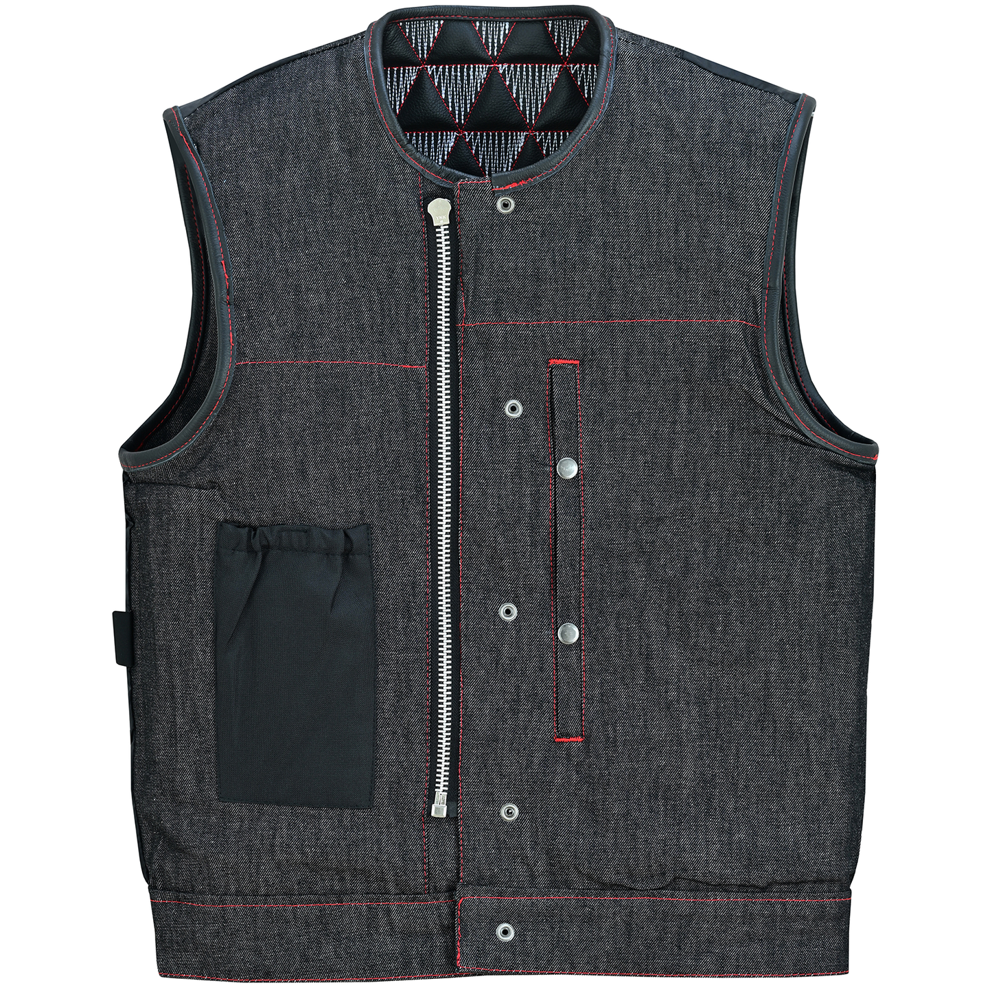 VB927RW Men's Denim & Leather Motorcycle Vest with Conceal Carry Pockets, SOA Biker Club Vest Red & White Stitching