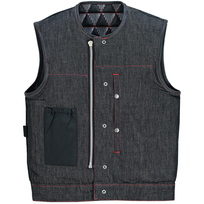 VB927RW Men's Denim & Leather Motorcycle Vest with Conceal Carry Pockets, SOA Biker Club Vest Red & White Stitching