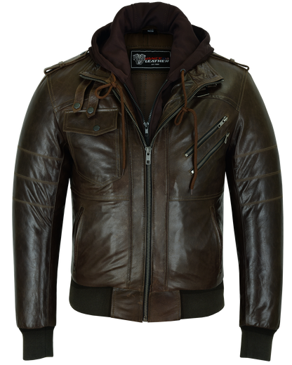 VL551CBr Vance Leathers' Mens Vincent Brown Waxed Premium Cowhide Motorcycle Leather Jacket With Removeable Hoodie