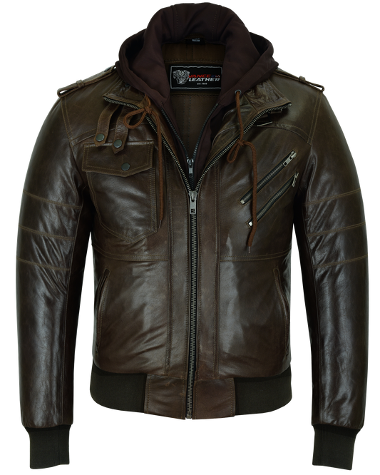 VL551CBr Vance Leathers' Mens Vincent Brown Waxed Premium Cowhide Motorcycle Leather Jacket With Removeable Hoodie