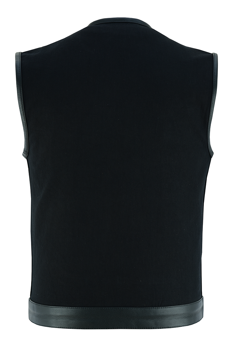 VB919L Denim Black Collarless Club Vest with Leather trims