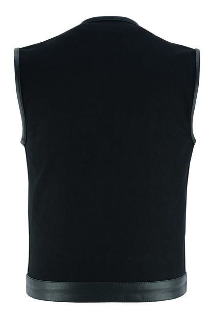 VB919L Denim Black Collarless Club Vest with Leather trims