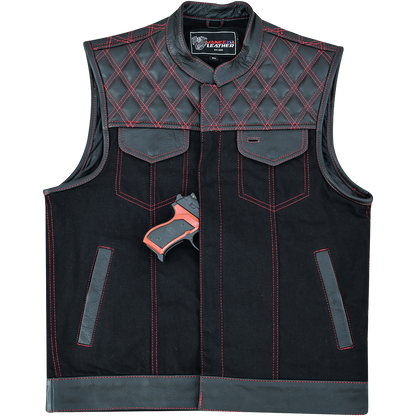 VB924RD Men's Denim & Leather Motorcycle Vest with Conceal Carry Pockets, SOA Biker Club Vest Red Stitching, Diamond Padding, Snap & Zipper Closure
