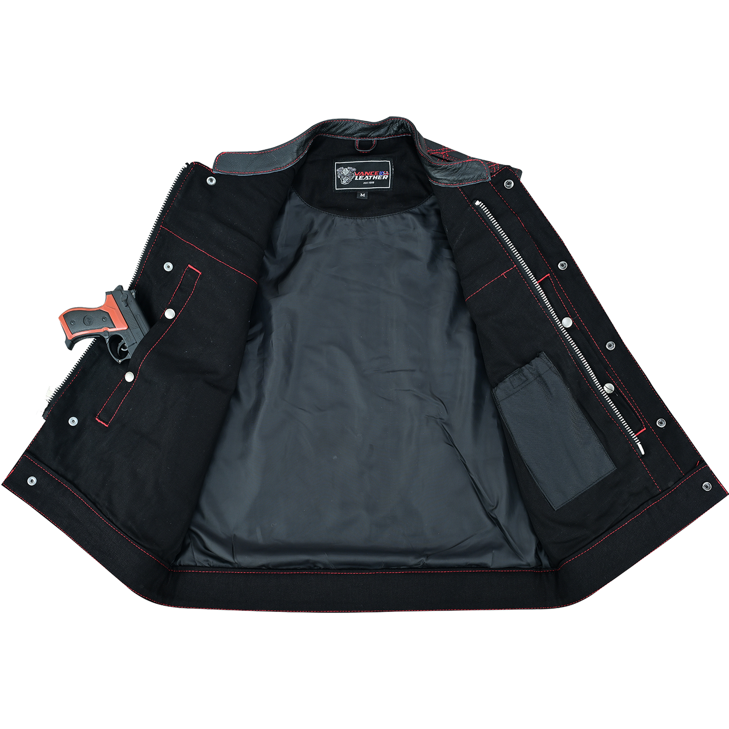 VB924RD Men's Denim & Leather Motorcycle Vest with Conceal Carry Pockets, SOA Biker Club Vest Red Stitching, Diamond Padding, Snap & Zipper Closure