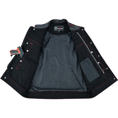 VB924RD Men's Denim & Leather Motorcycle Vest with Conceal Carry Pockets, SOA Biker Club Vest Red Stitching, Diamond Padding, Snap & Zipper Closure