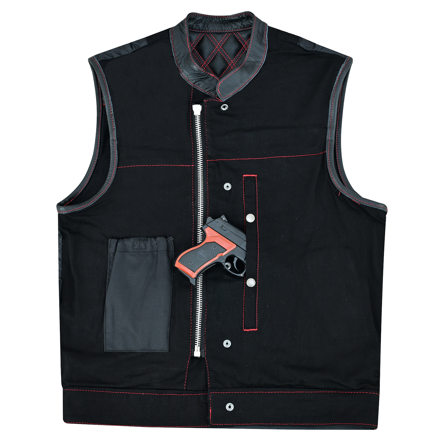VB924RD Men's Denim & Leather Motorcycle Vest with Conceal Carry Pockets, SOA Biker Club Vest Red Stitching, Diamond Padding, Snap & Zipper Closure