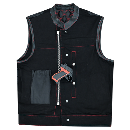 VB924RD Men's Denim & Leather Motorcycle Vest with Conceal Carry Pockets, SOA Biker Club Vest Red Stitching, Diamond Padding, Snap & Zipper Closure