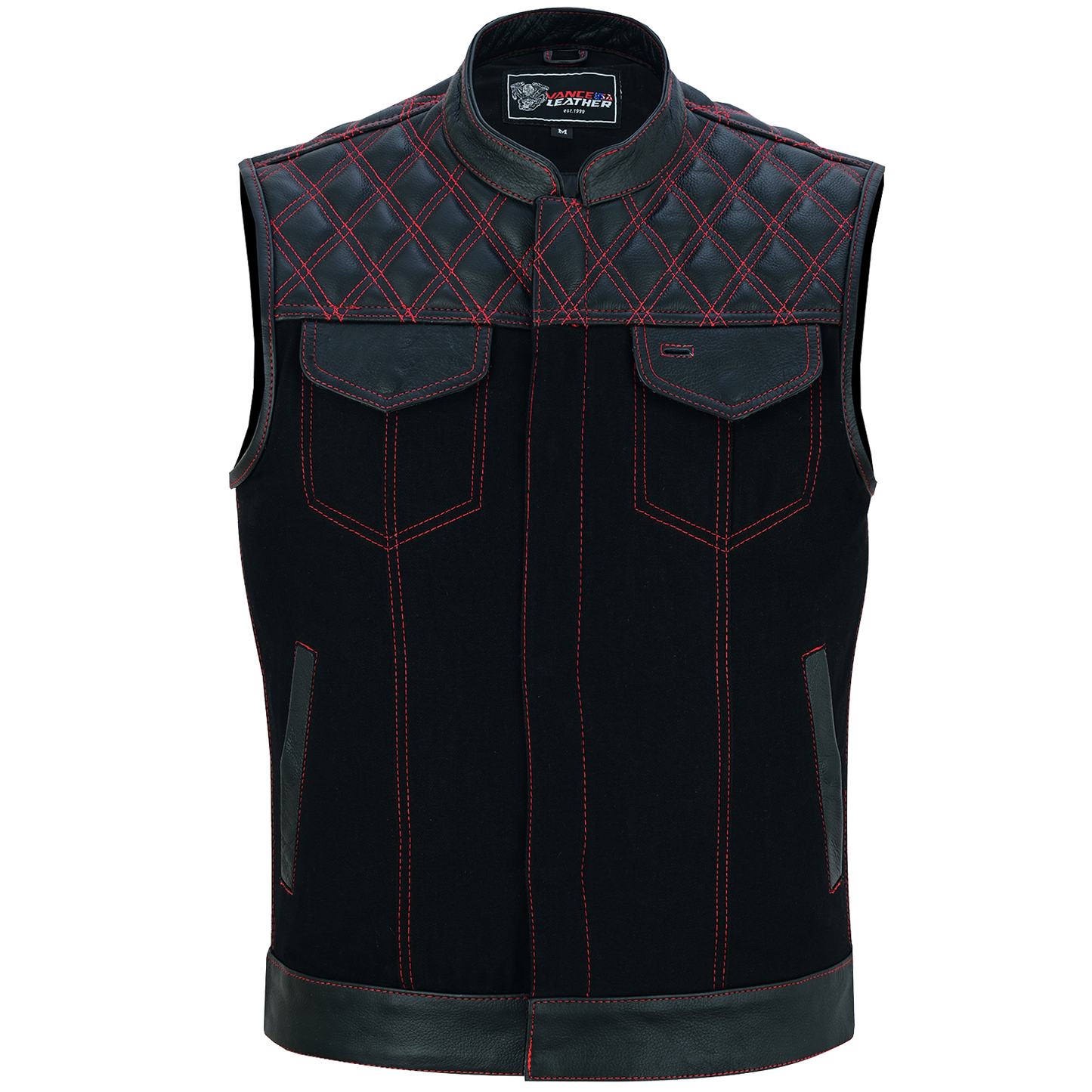 VB924RD Men's Denim & Leather Motorcycle Vest with Conceal Carry Pockets, SOA Biker Club Vest Red Stitching, Diamond Padding, Snap & Zipper Closure