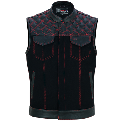 VB924RD Men's Denim & Leather Motorcycle Vest with Conceal Carry Pockets, SOA Biker Club Vest Red Stitching, Diamond Padding, Snap & Zipper Closure